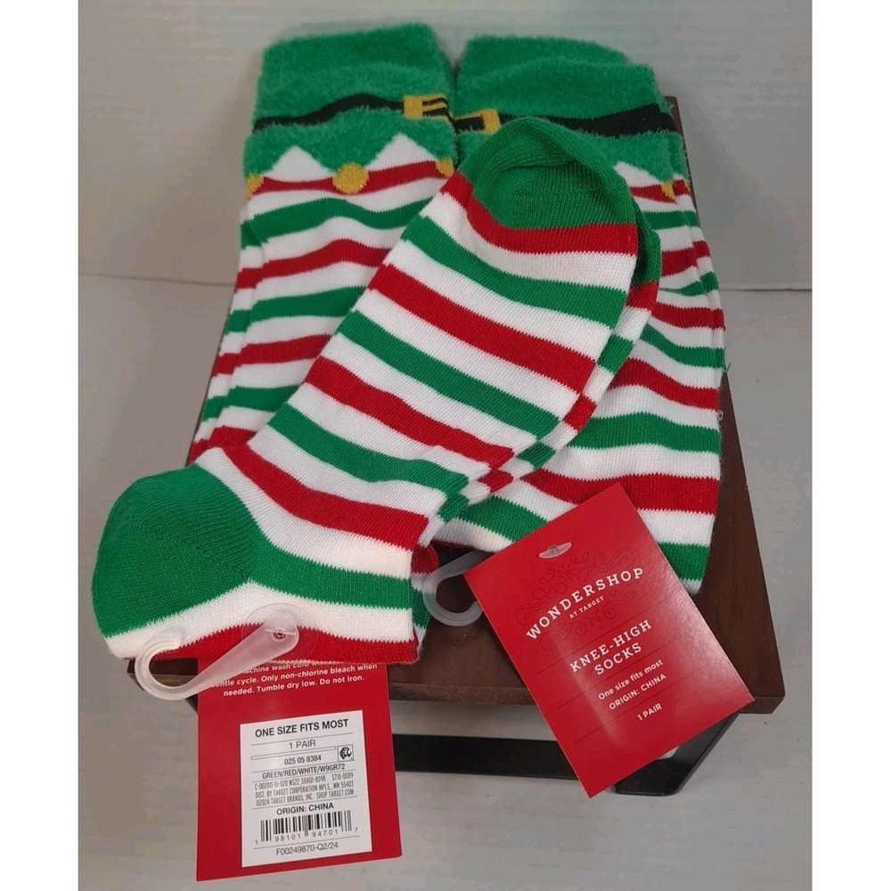 2 Pair NWT Wondershop Christmas Elf Knee High Socks Red Green White Striped